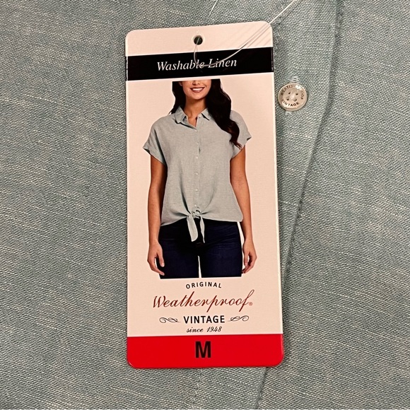 Weatherproof Washable Womens Linen Viscose Green Short Sleeve Button-Down Tie - Picture 3 of 9